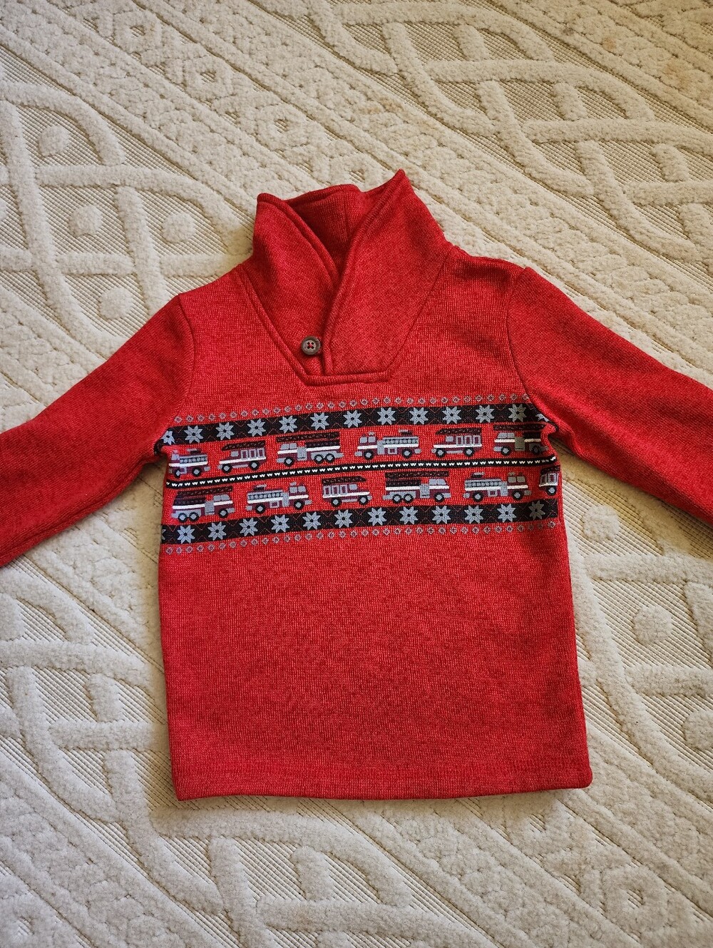 3T jumping beans Red Shawl Collar fleece with Firetruck Band